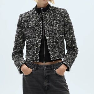 MANGO TWEED JACKET WITH FREYED ENDS - S
